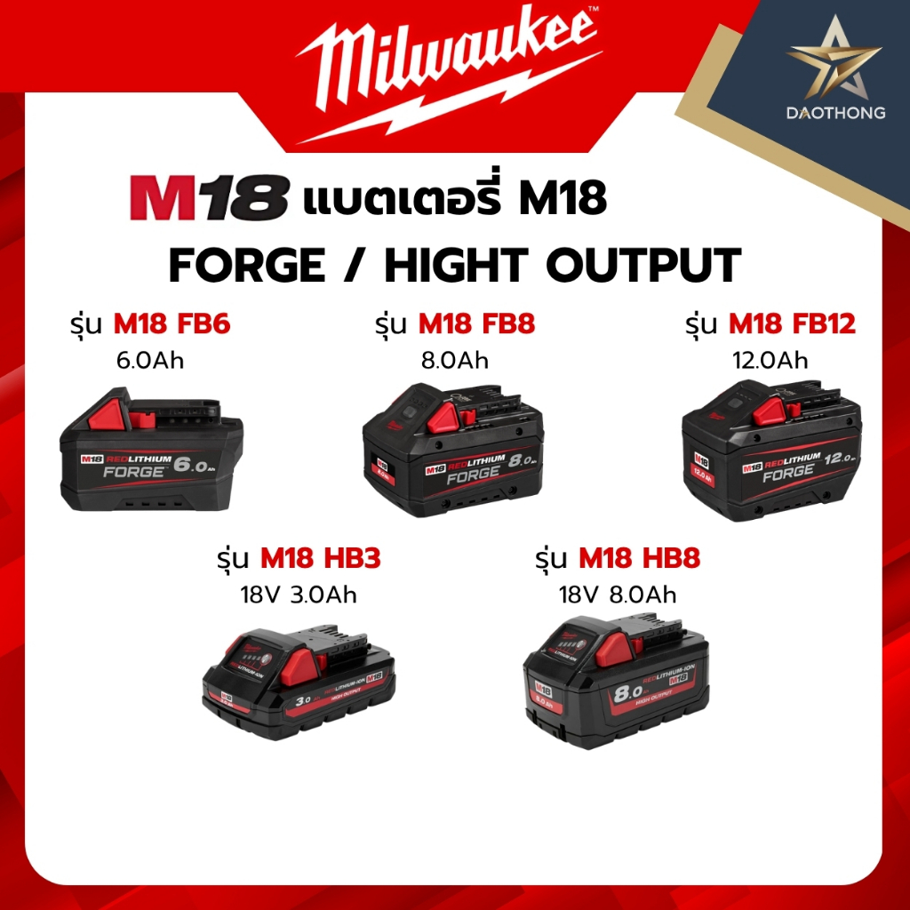 Milwaukee M18 แบตเตอรี่ 18 โวลต์ รุ่น FB12 12Ah / รุ่น FB6 6Ah / รุ่น FB8 8Ah / รุ่น HB3 3Ah / รุ่น 