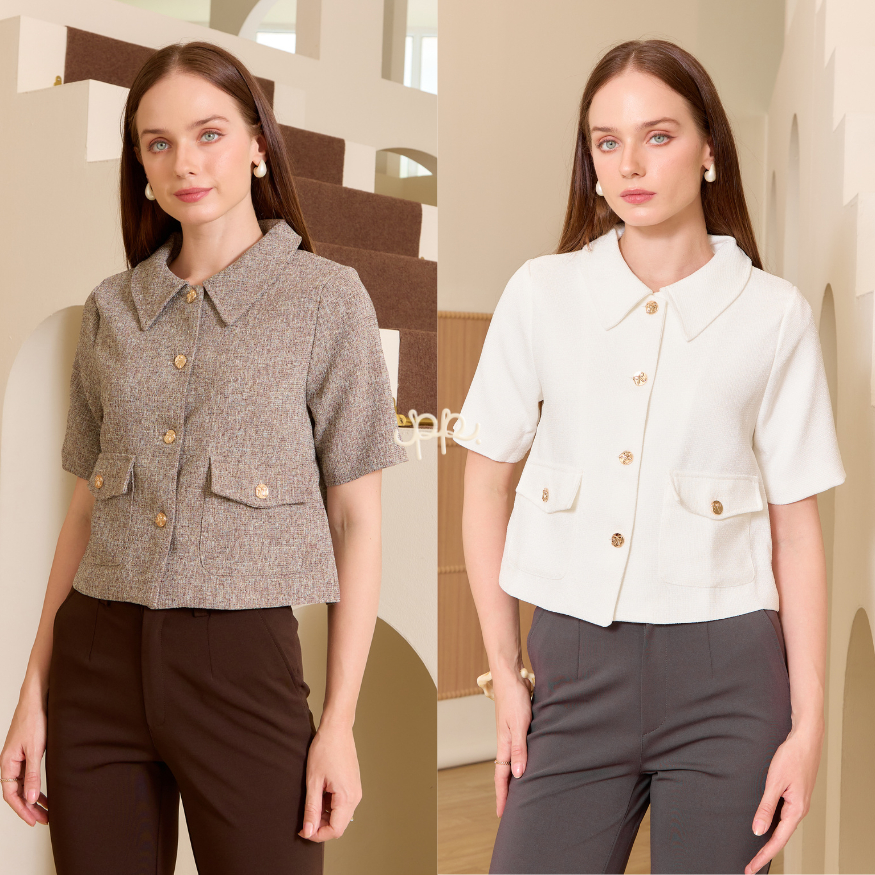 POI เสื้อคอปกทวิตแขนศอกกระดุมทองพรีเมี่ยม C002C7