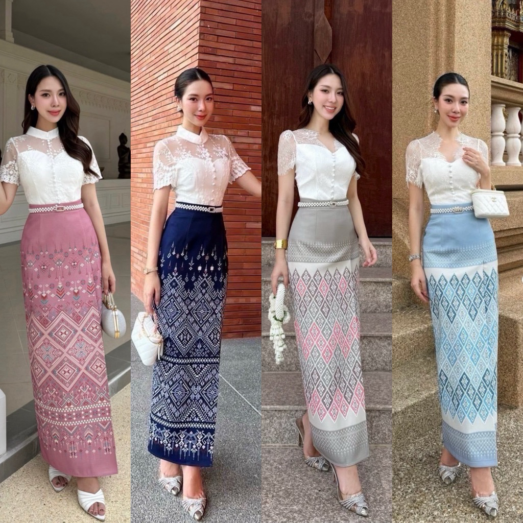 พร้อมส่ง📌📌ชุดเซทผ้าไทย ชุดไทย ใส่ทำบุญ Set เสื้อ มาพร้อมกระโปรงยาวเอวสูง