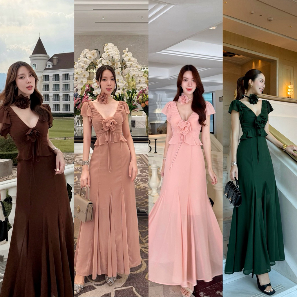 Maxi dress ผ้าชีฟอง ชุดมีซับในและฟองน้ำ งานซิบหลัง ชุดทรงแขนระบายและแต่งระบายใต้อก