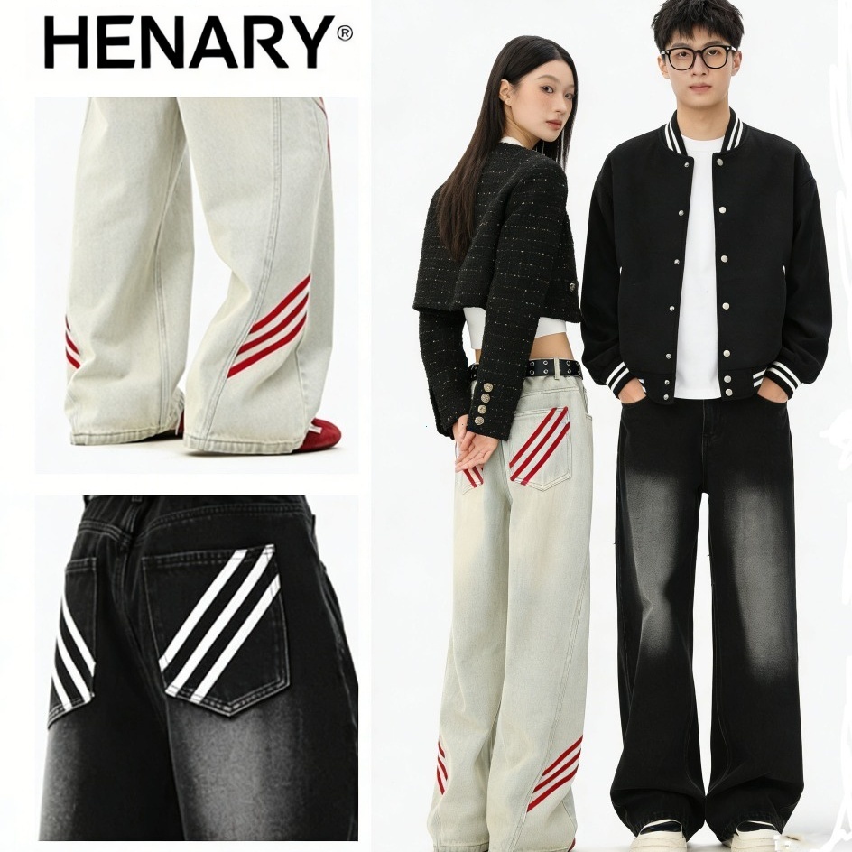 Henary กางเกงยีนส์ผู้ชาย สไตล์สตรีทฟัช ย้อนยุค ทรงขากว้าง ทรงหลวม ลายทาง ไซส์ M-3XL