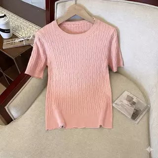 LITTLEMOM เสื้อยืดคอกลมแขนสั้นลายเปีย ถักเกลียว สำหรับผู้หญิง มี 2 ไซส์ รุ่น YUED