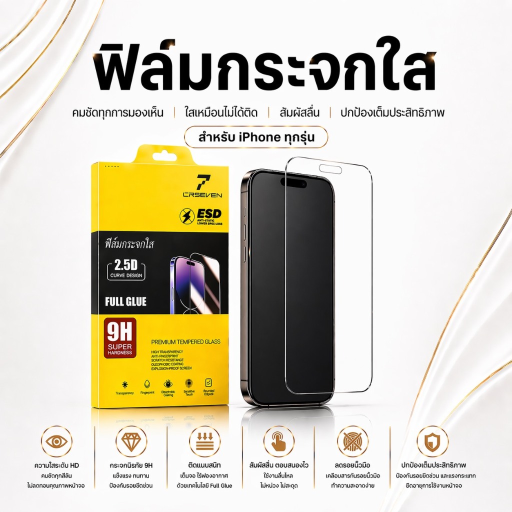 JC168 (CRSEVEN037)ฟิล์มกระจกกันรอยแบบใส เต็มจอ กาวเต็มแผ่น 9H สำหรับ iPhone ทุกรุ่น iPhone17 iP 17pro max IP17pro