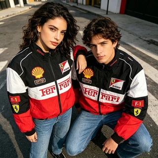 [พร้อมส่ง]Ferrari F1 เสื้อแจ็กเก็ตรถแข่งย้อนยุค เสื้อโค้ทแขนยาวผู้หญิง ปักลายงานสวย ผ้าหนานุ่ม มีซิปใส่ได้ทั้งชายและหญิง