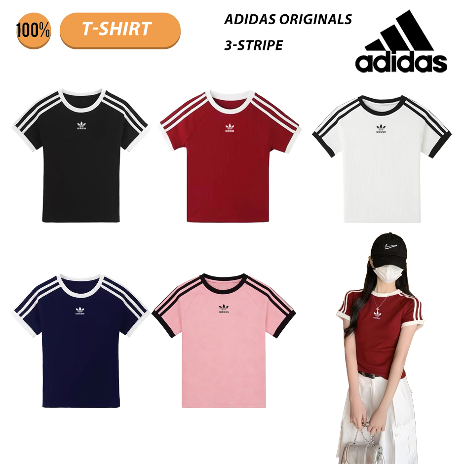 เสื้อยืดแขนสั้น adidas Originals 3-Stripe รุ่นสำหรับผู้หญิง ทรงลำลอง กระชับพอดีตัว – โปรปัง