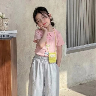 เสื้อยืดแขนสั้นสำหรับเด็กผู้หญิง ดีไซน์เก๋และน่ารัก ตกแต่งด้วยโบว์สามมิติ ทำจากผ้าไหมน้ำแข็งเนื้อเบาและระบายอากาศได้ดี