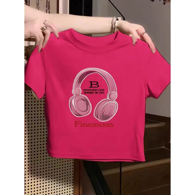 เสื้อยืดครอปแขนสั้น คอกลม ลายหูฟังเท่ๆ แบบสกรีนลาย E8024
