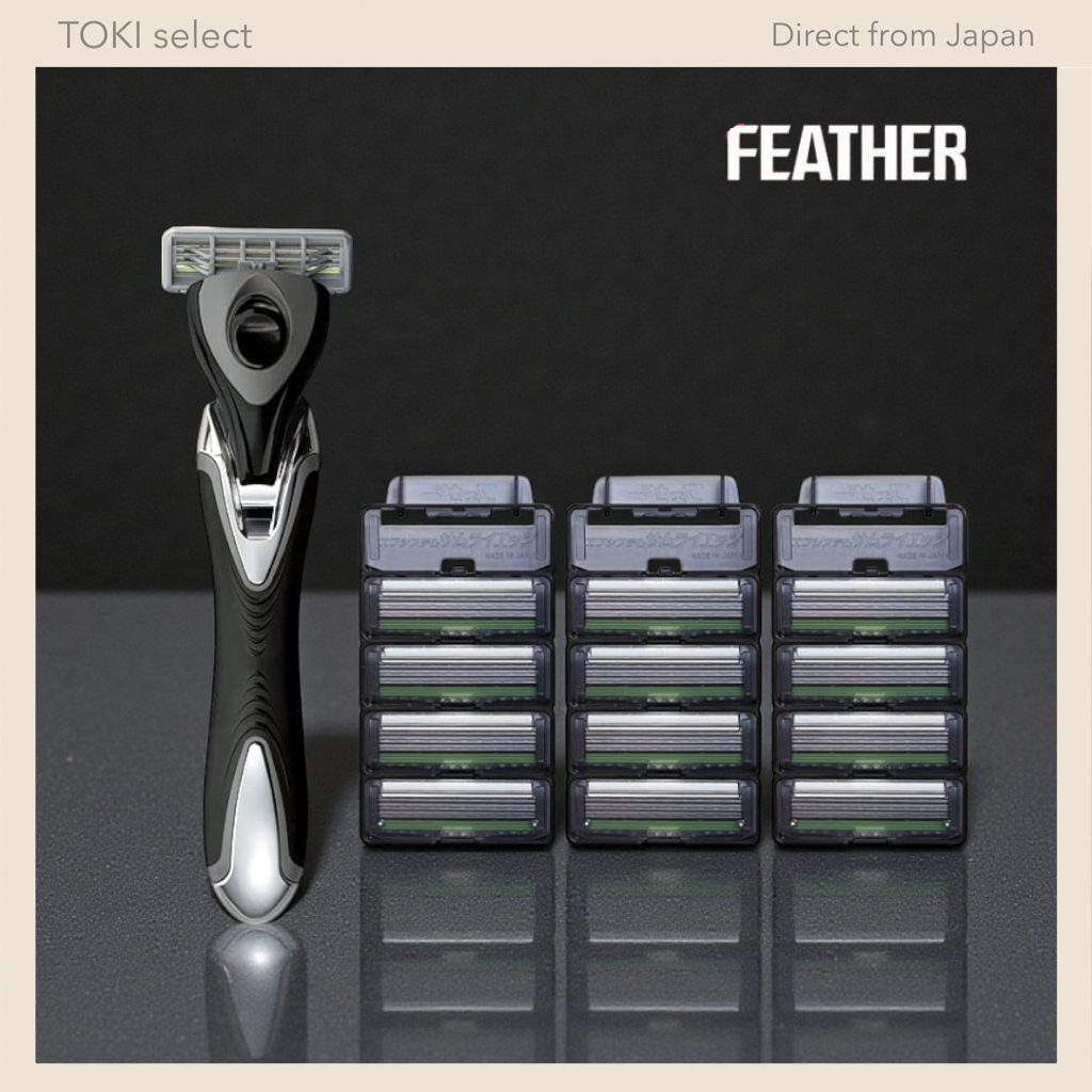 FEATHER Ef-System Samurai Edge Razor Holder + 12 Blades – Japanese 3-Blade Shaver for Men