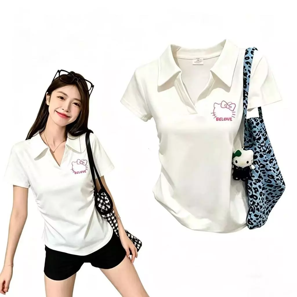 COD✅|เสื้อรัดรูปผู้หญิง|คอปกโปโล|ทรงรัดรูปเอวเล็ก|แขนสั้น|ลายการ์ตูนน่ารัก|สไตล์เกาหลี|ใส่ได้ทุกลุค|M-4XL
