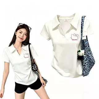 COD✅|เสื้อรัดรูปผู้หญิง|คอปกโปโล|ทรงรัดรูปเอวเล็ก|แขนสั้น|ลายการ์ตูนน่ารัก|สไตล์เกาหลี|ใส่ได้ทุกลุค|M-4XL