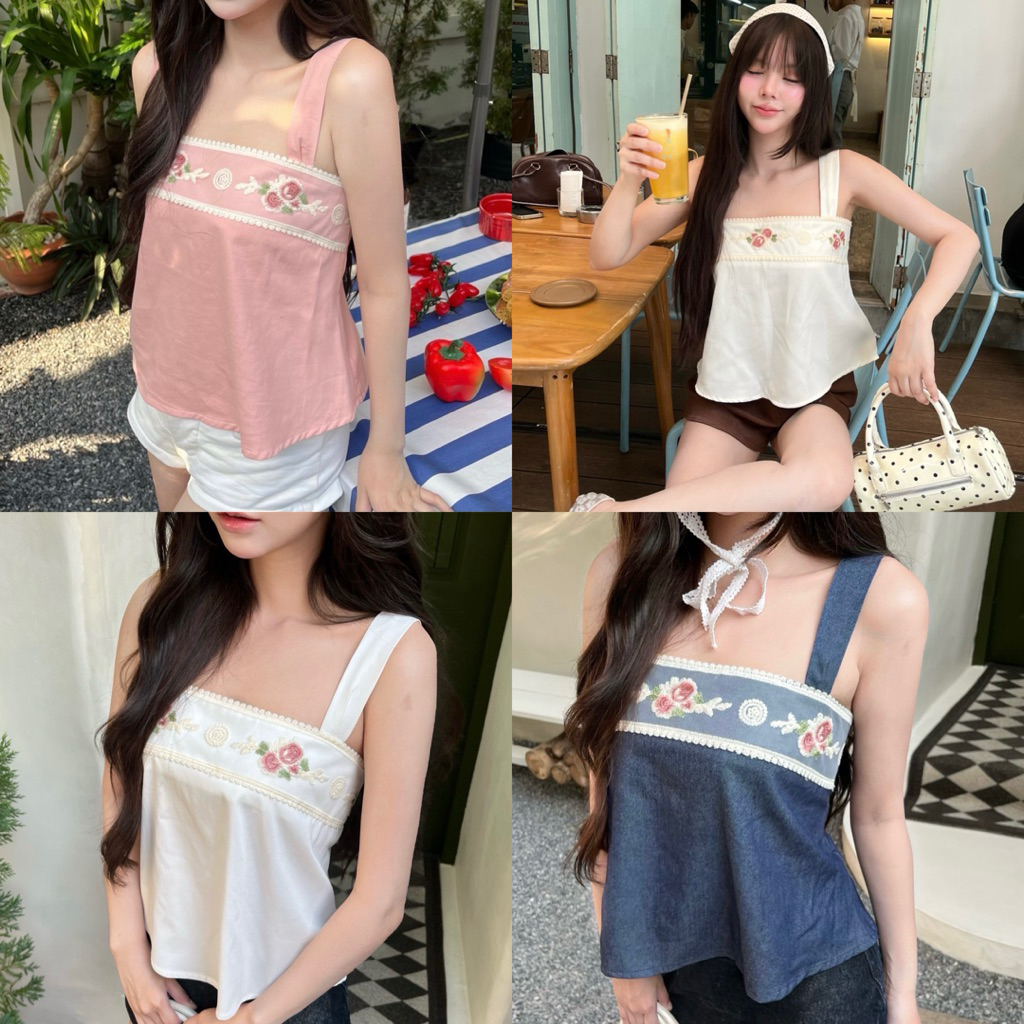 Petite♡︎ Sylvie top เสื้อสายเดี่ยวลูกไม้งานปักดอกไม้ สไตล์วินเทจ