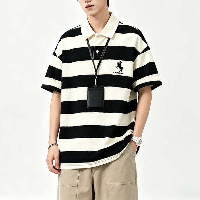 เสื้อโปโลแขนสั้นผู้ชาย ลายทางแนวนอน คอปกสีครีม ปักโลโก้ ทำจากผ้าที่ระบายอากาศได้ดี สไตล์ฤดูร้อน