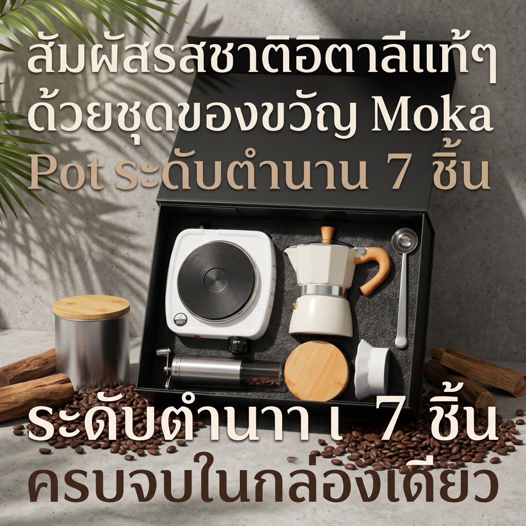 ชุดของขวัญเครื่องชงกาแฟ Moka Pot ครบชุด พร้อมเตาไฟฟ้า+เครื่องบดกาแฟ แคมป์ปิ้ง พรีเมี่ยม