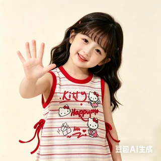 BB254 เดรสเด็กผู้หญิงลายคิตตี้ แขนกุด ลายทาง แต่งโบว์ข้าง น่ารักสดใส ใส่สบาย สไตล์เกาหลี