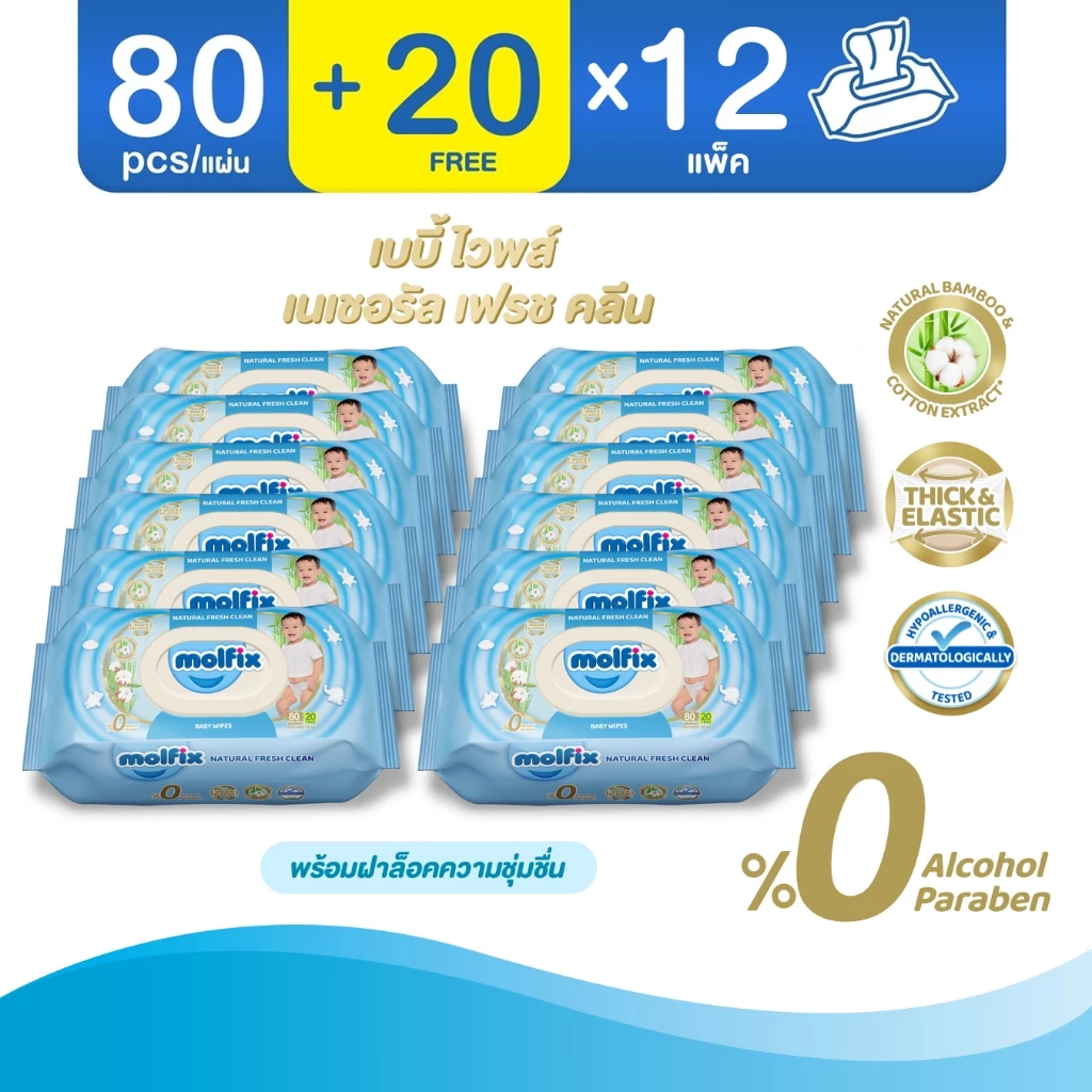 Molfix ทิชชู่เปียก สูตร Natural Fresh Clean baby Wipes (ยกลัง 12 ห่อ)