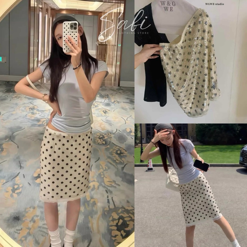 พร้อมส่ง 𝐛𝐲𝐒𝐀𝐁𝐈𝐒𝐇𝐎𝐏 |  กระโปรงเลื่อมลาย polka dot สีครีม กระโปรงลายจุด wg.we