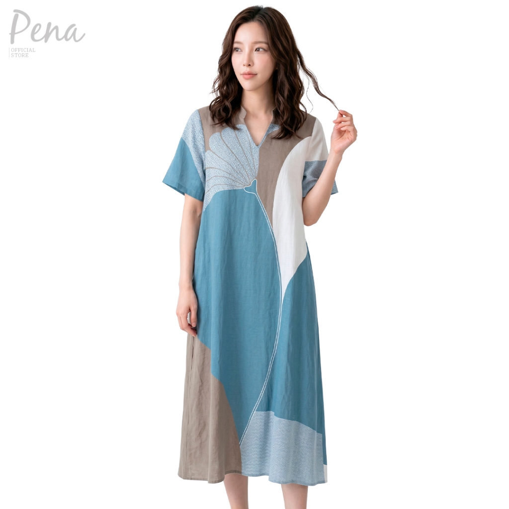 Pena House ชุดเดรสยาวแขนสั้น ลายกราฟิกอาร์ต PWDL042601