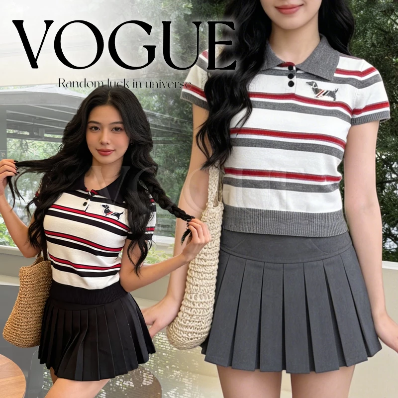 Vogue🌟พร้อมส่ง🌟 เสื้อไหมพรมแขนสั้น คอปกดีเทลลายทาง ทรงเข้ารูป กระดุมแกะได้ (K094)