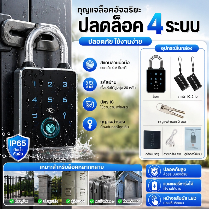 ⚡MCBS⚡กุญแจล็อครหัส กุญแจล็อคลายนิ้วมือ ปลดล็อคจากระยะไกล เหมาะสำหรับโกดังและยิม กันน้ำและกันสนิม