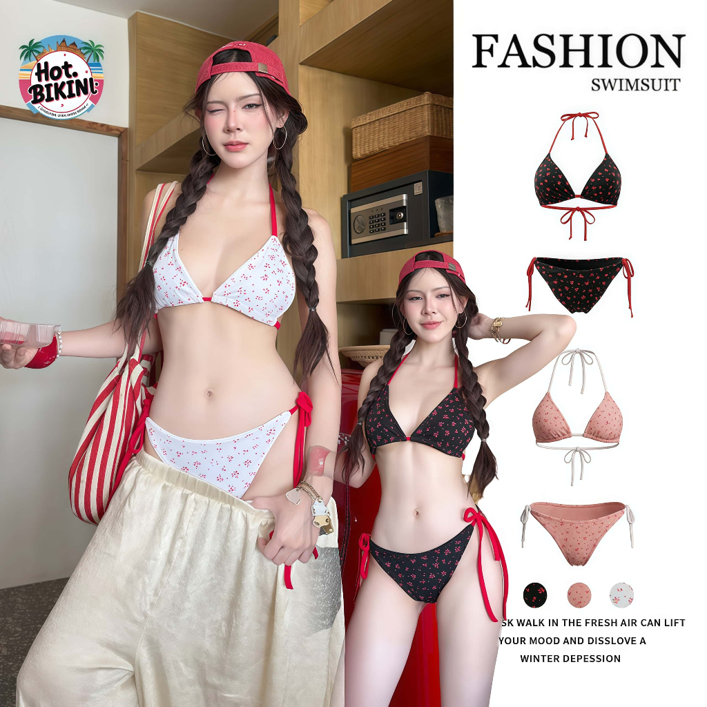 Hot.Bikini🌴🏖️บิกินี่ bet เซต2ชิ้น คล้องคอ ลวดลายดอกไม้ เปิดหลัง swimsuit women ชุดไปทะเล ฤดูร้อน ส่งไวจากไทย