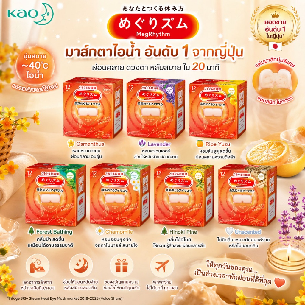 [พร้อมส่ง]Kao Megrhythm Steam Eye Mask 12P  มาส์กตาไอน้ำ หลับสบายใน 10 นาที! ทำสปาตาที่บ้าน ของแท้จากญี่ปุ่น