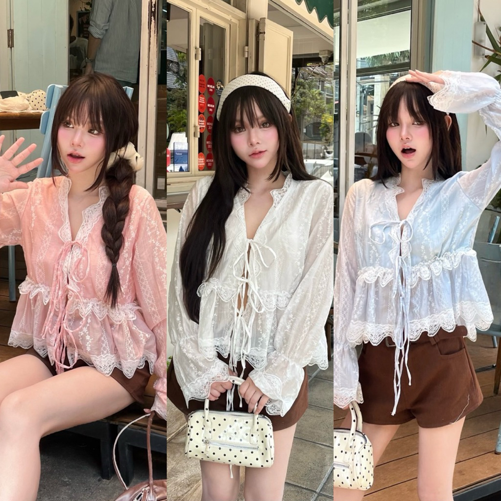 Petite♡︎ Winnie top เสื้อแขนยาวแต่งลูกไม้ผูกหน้า