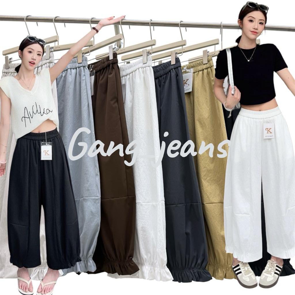 Gang_jeans#9505(K) กางเกงขายาวขากว้างเอวยางยืด ผ้าร่มทรงมินิมอล กางเกงแฟชั่นเกาหลี ใส่สบาย พรางหุ่น