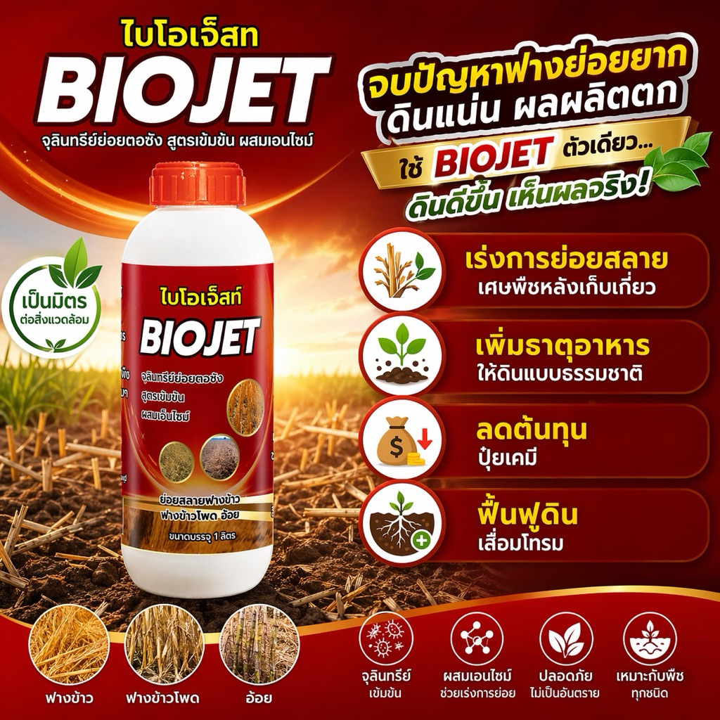 ไบโอเจ็ท จุลินทรีย์ ย่อยฟางข้าว จัดการตอซังข้าว ลดข้าวดีดข้าวเด้ง 1ลิตร ราคา ถูกที่สุด ดีลบีเคเค