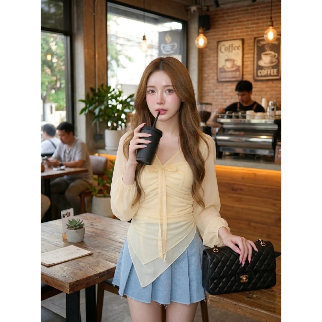M2111 เสื้อแขนยาวซีทรู ดีเทลแต่งระบายหน้า สไตล์ลูกคุณหนูสุดๆ