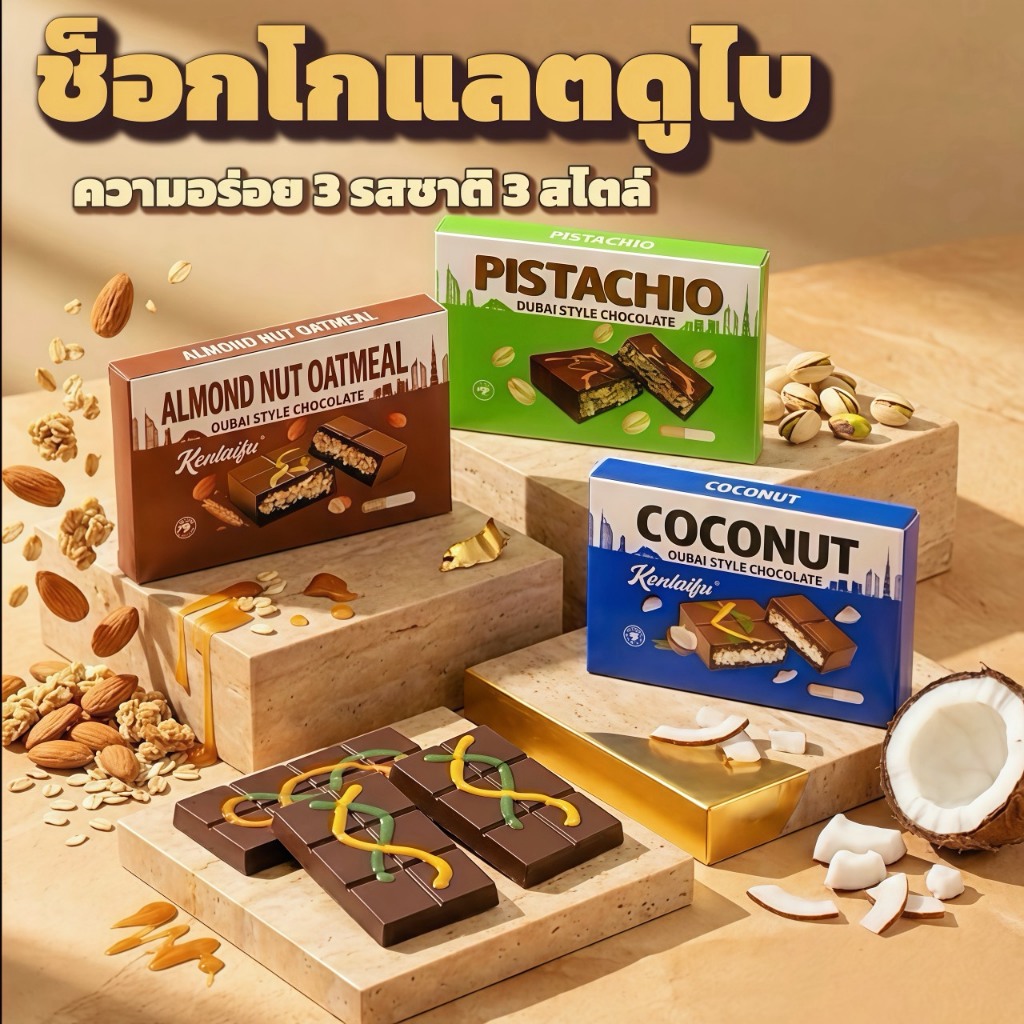 Dubai Chocolate ช็อกโกแลตดูไบ 70g กล่องเดียวครบ 3 รส พิสตาชิโอ มะพร้าว อัลมอนด์ สอดไส้ถั่วแท้ หวานนุ