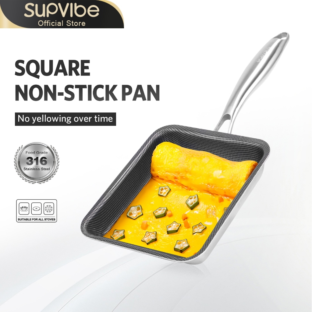 SUPVIBE กระทะทำไข่ม้วน สแตนเลส316 กระทะรังผึ้ง กระทะทอดไข่ ทรงสี่เหลี่ยม สไตล์ญี่ปุ่น 16x19ซม ไม่เปลี่ยนเป็นสี