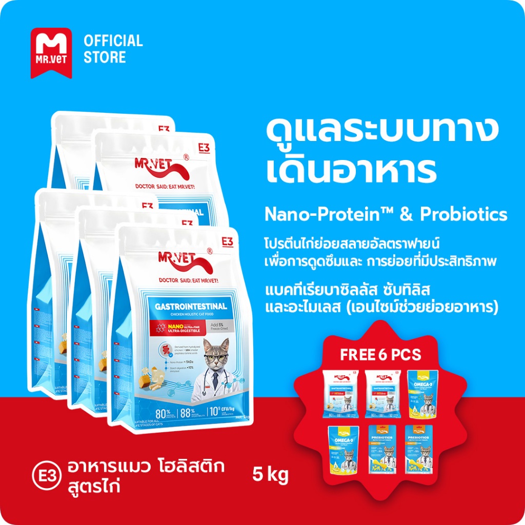 Mr.vet E3 Nano-Protein™ อาหารแมวแห้ง 5กก. ย่อยง่าย ดูดซึมเร็ว เสริมโปรไบโอติก บำรุงระบบย่อยอาหารและลำไส้แข็งแรง