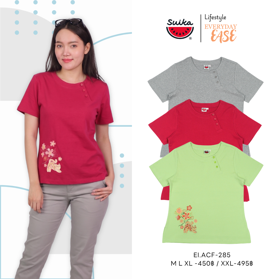 เสื้อแตงโม (SUIKA) - เสื้อยืดคอกลมกระดุมไหล่ ลายปักดอกไม้ ( EI.ACF-285 315 106)
