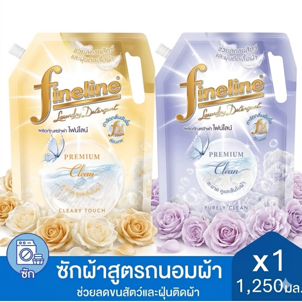พร้อมส่ง Fineline ไฟน์ไลน์ ผลิตภัณฑ์ซักผ้าสูตรถนอมผ้า พรีเมียม คลีน 1,250 มล., ลดขนสัตว์ติดผ้า