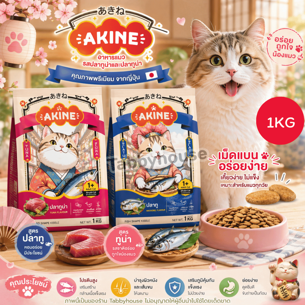 (1kg) อาหารแมว Akine มี 2 สูตร ปลาทูและทูน่า ช่วยบำรุงขนสวย แมวทานยากทานได้ หอม มีโอเมก้า และไฟเบอร์