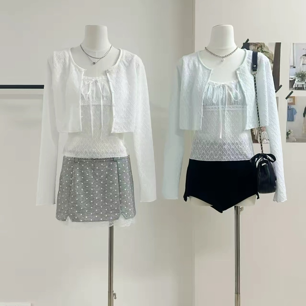 Set สายเดี่ยว+คลุมผ้าทอลายโบว์