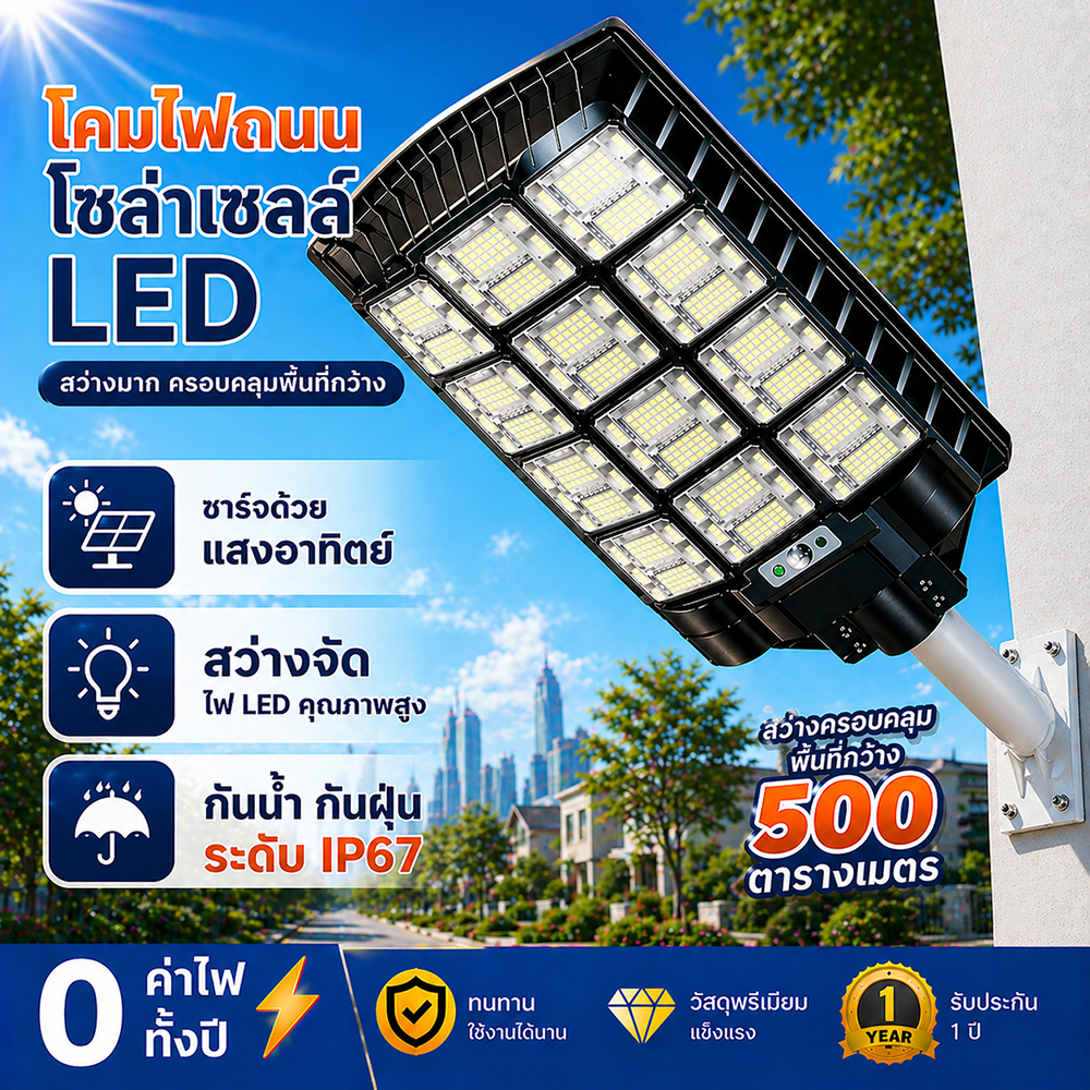 โซล่าเซลล์ ไฟถนน 10000000W ซื้อ 1 แถม 1 ไฟโซล่าเซลล์ IP67 กันน้ำและกันฟ้าผ่ LED Solar Light แสงสีขาว ระบบเซนเซอร์