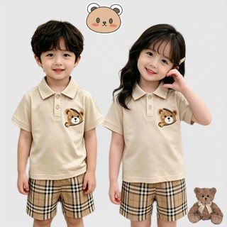 BB259 ชุดเซ็ตเด็ก ลายหมี Polo + กางเกงขาสั้นลายสก็อต ใส่เที่ยว/ออกงาน