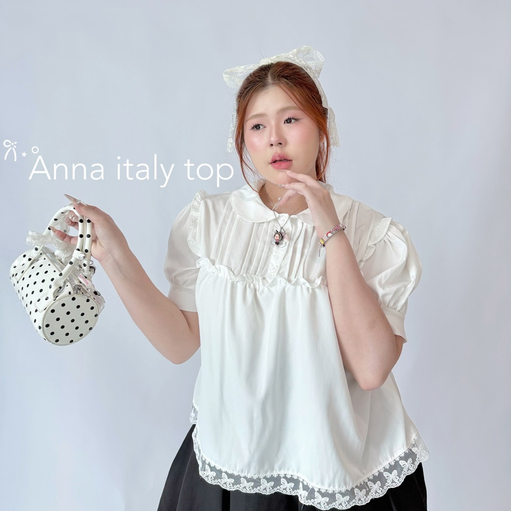 Chubbygirlbkk - Anna italy top⋆˙⟡♡เสื้อไหมเกาหลี ปกบัวจีบหน้า แต่งลูกไม้ สาวอวบ