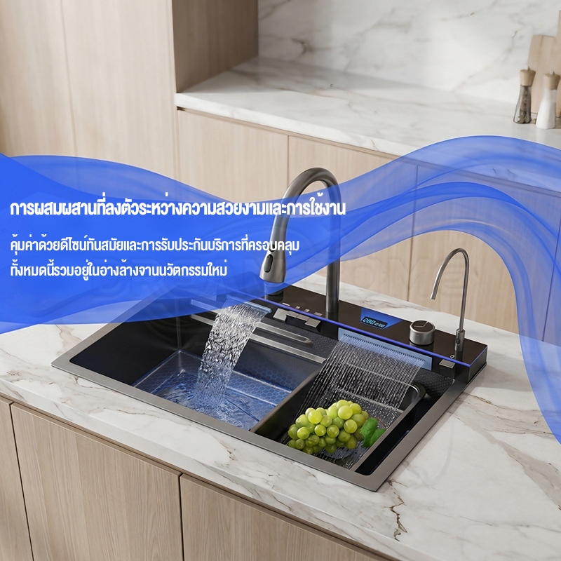 อ่างล้างจาน อ่างล้างจานน้ำตกคู่มัลติฟังก์ชั่ 304อ่างล้างจานสแตนเลส พร้อมจอแสดงผล LED  โหมดการออกน้ำ 4 แบแผงหนาขึ้น 5 มม ราคา ถูกที่สุด ดีลบีเคเค แกลเลอรีภาพที่ 2
