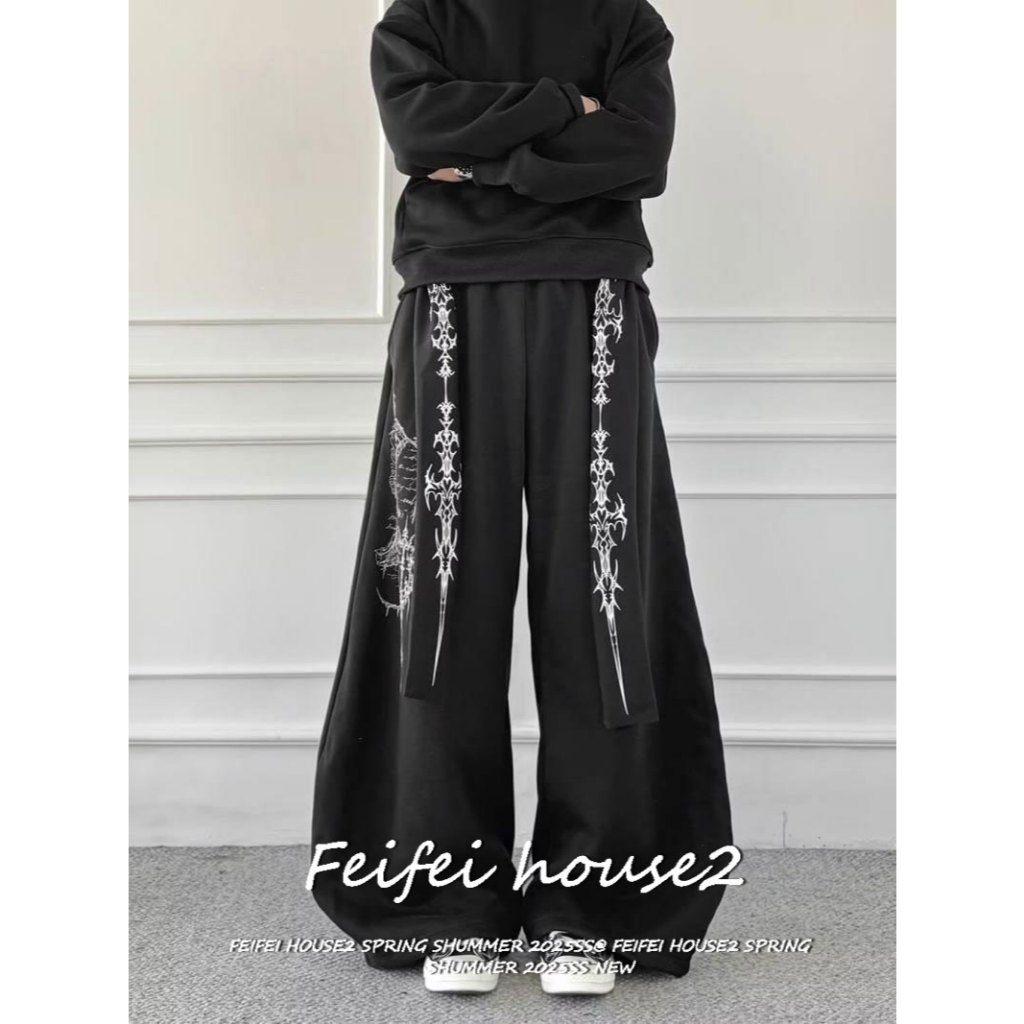 [Vintage hip-hop printed trousers]กางเกงขากว้างริ้วผูกเชือกลายพิมพ์สไตล์ฮิปฮอปฤดูร้อนอเมริกัน
