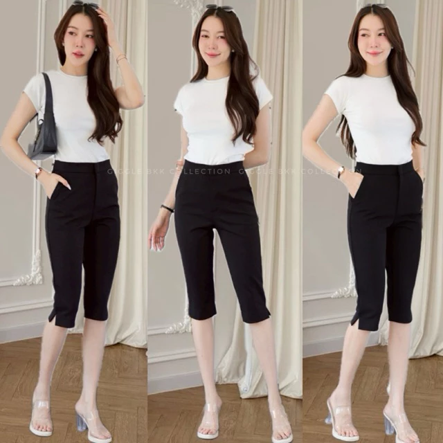 capri pants กางเกงคาปรีผ่าข้างปลายขา ผ้าโรเชส ตะขอ+ซิปหน้า s-XXL