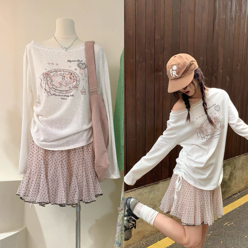 Somedays l 🐰Yumi Set เสื้อยืดลูกไม้ปาดไหล่+กระโปรงชีฟองPokadot