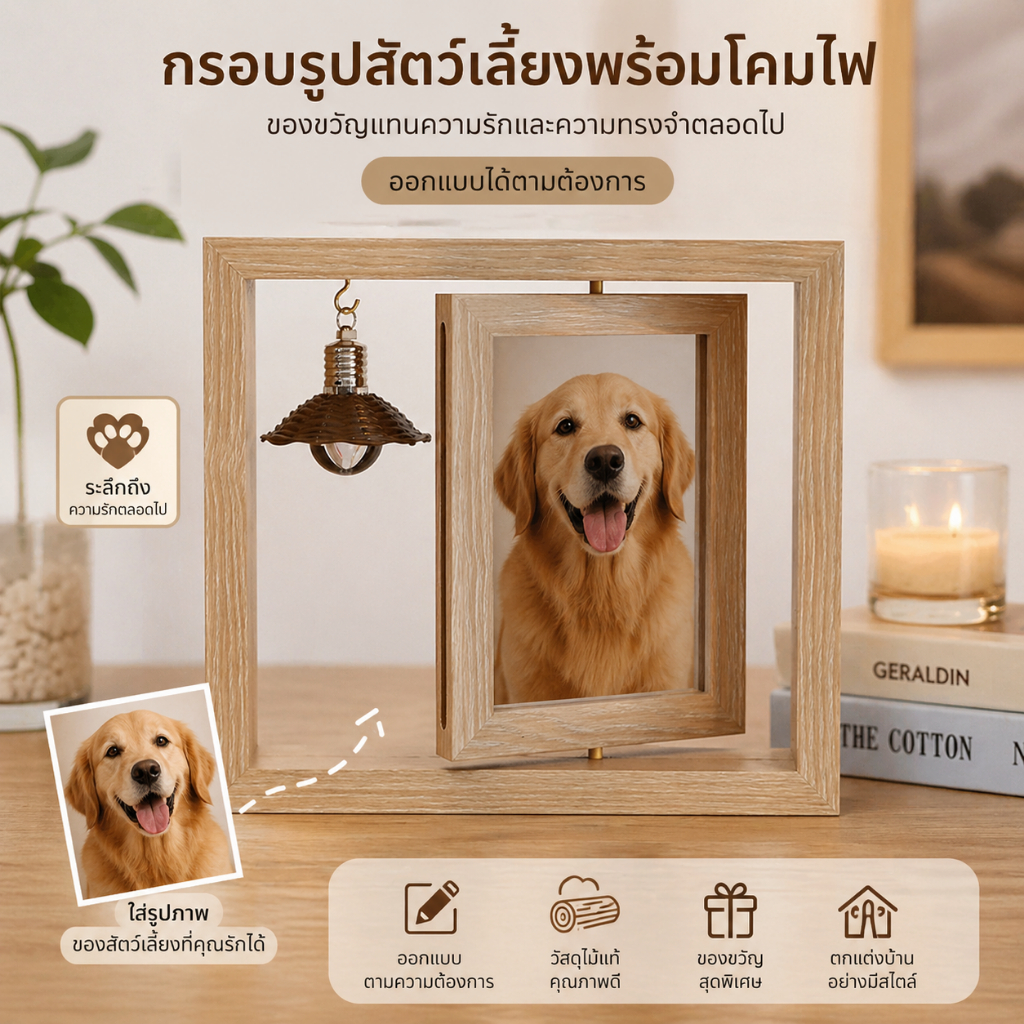 (สั่งทำรูปได้) กรอบรูปสัตว์เลี้ยงพร้อมไฟ แต่งห้องสไตล์อบอุ่น ของขวัญแทนใจสำหรับคนรักสัตว์