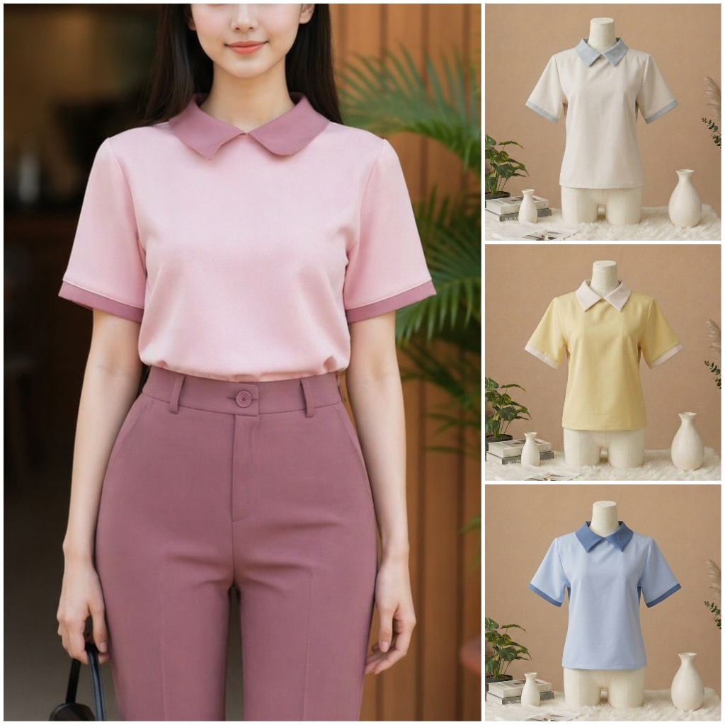 A20 เสื้อทํางานผู้หญิง คอปก แต่งทูโทนที่ปกและปลายแขนเสื้อ แมชสีน่ารัก Easter Egg