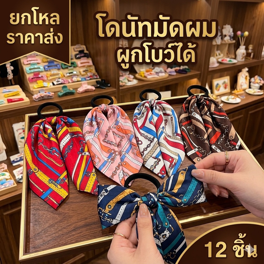 🌷ยกโหล🌷โดนัทมัดผม ผูกโบว์ ยาว 30 cm. มีหลายสี หลายลาย มีราคาส่ง M019