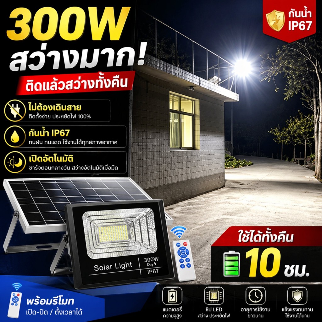 ไฟโซล่าเซลล์ 100W/200W/300W/400W สปอร์ตไลท์ สว่างมาก แบตอึด10ชม กันน้ำ IP67 เปิดอัตโนมัติพร้อมรีโมท