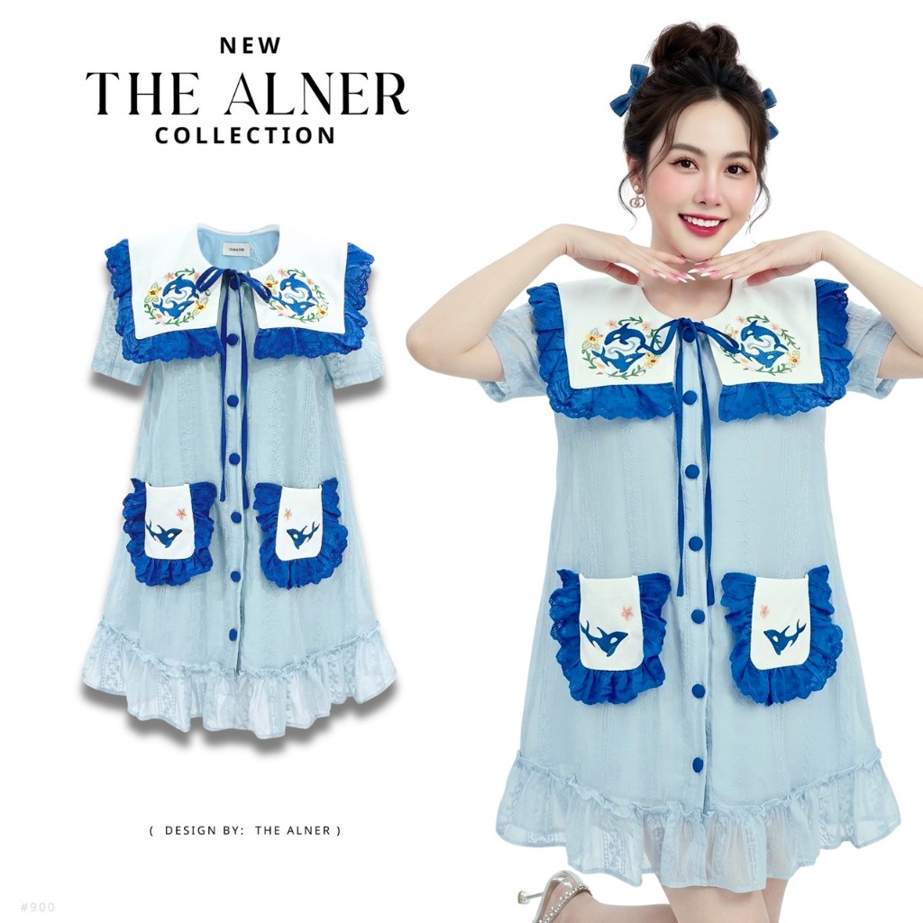 Thealner-AN900 (เดรสฟ้าคอปกแขนสั้นแต่งกระเป๋า)