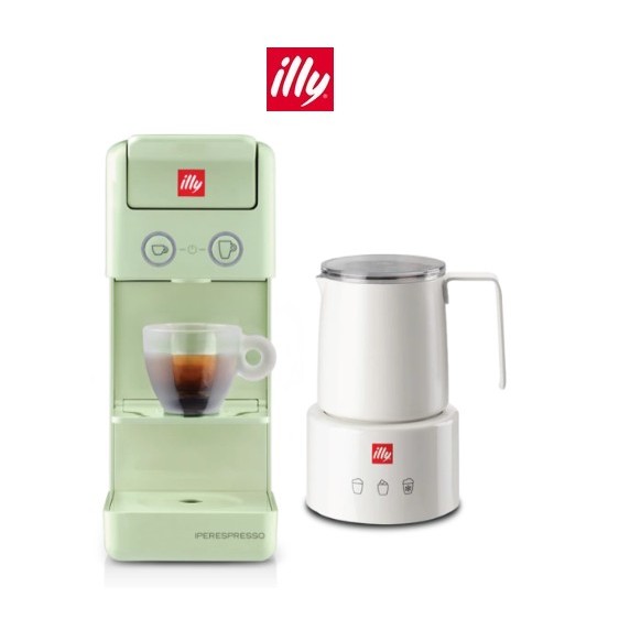 Y3.3 iperEspresso Coffee Machine (Green) + illy Electric Induction Milk Frother (White)