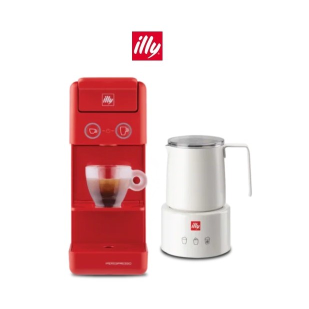 Y3.3 iperEspresso Coffee Machine (Red) + illy Electric Induction Milk Frother (White)